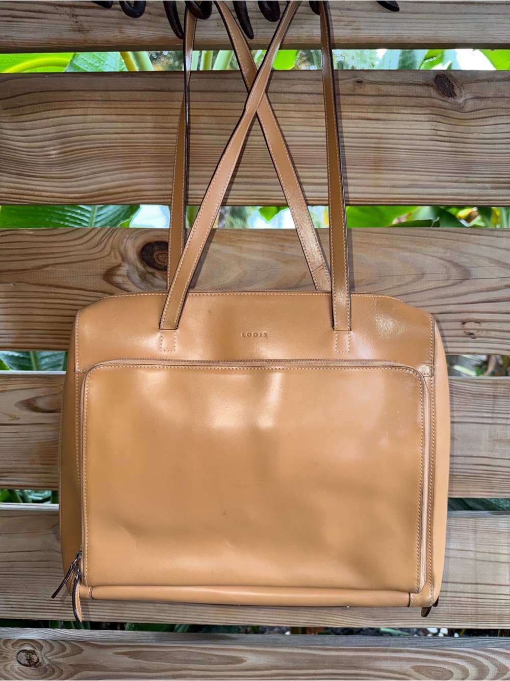 Lodis Tan Leather Shoulder Tote with Front Zip Pocket